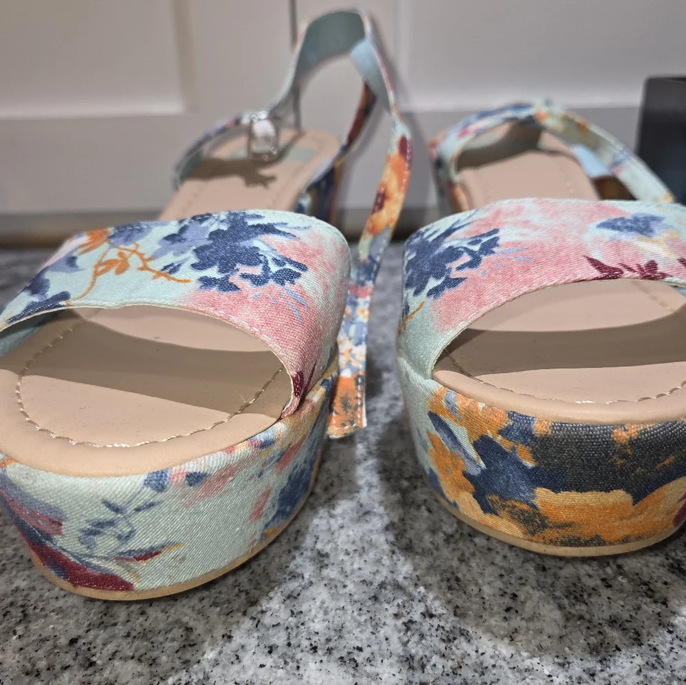 Fergalicious Floral Espadrille Wedge Sandals in Light Blue, Orange, Navy